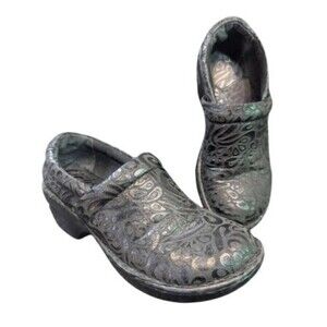 BOC BORN Concept Size 6 "Peggy" Women`s Black Leather Tooled Slip On Clogs Shoes